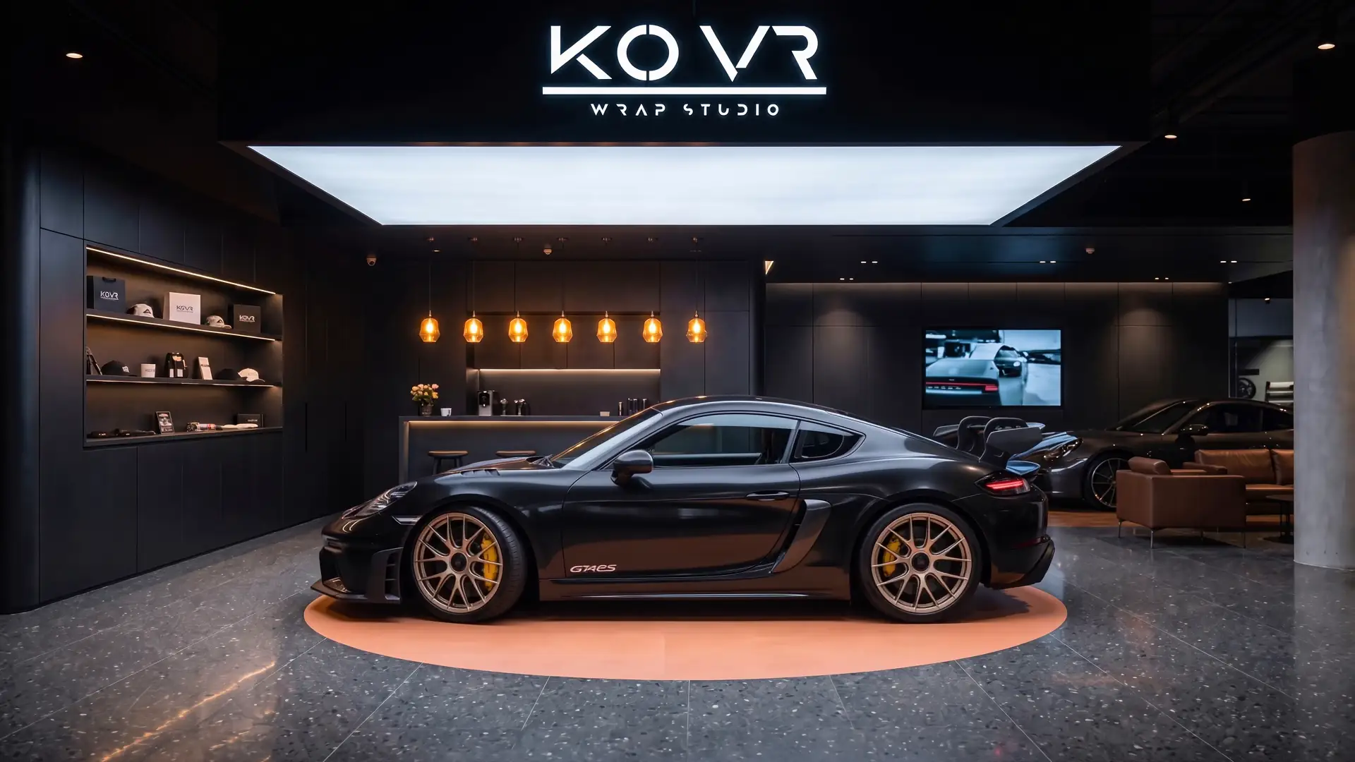 Satin black vehicle in the Kovr studio