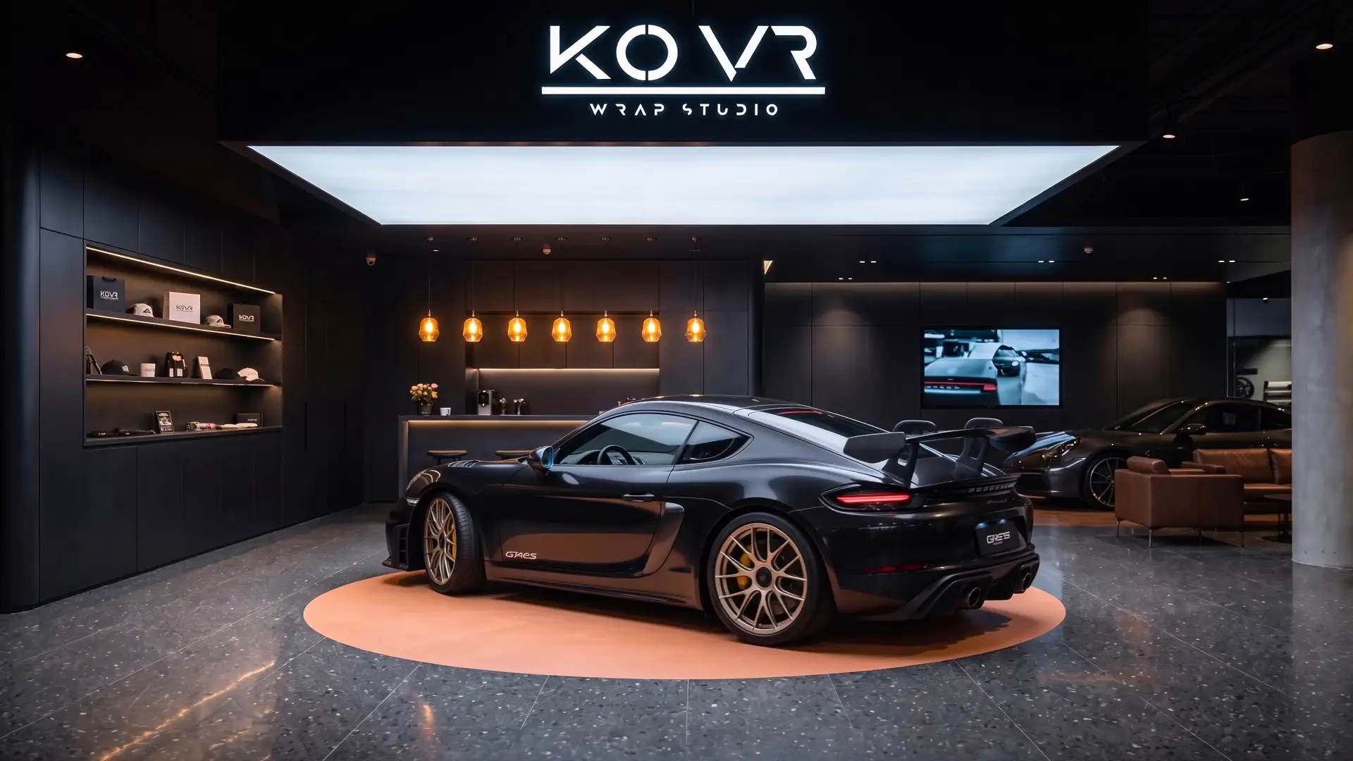 Satin black vehicle, rear three-quarter view