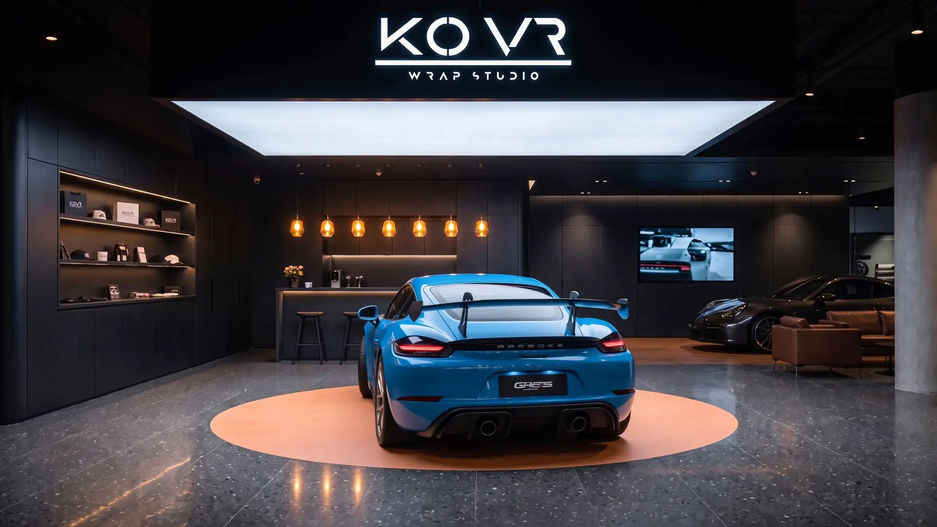 Gloss blue vehicle turning on the studio turntable