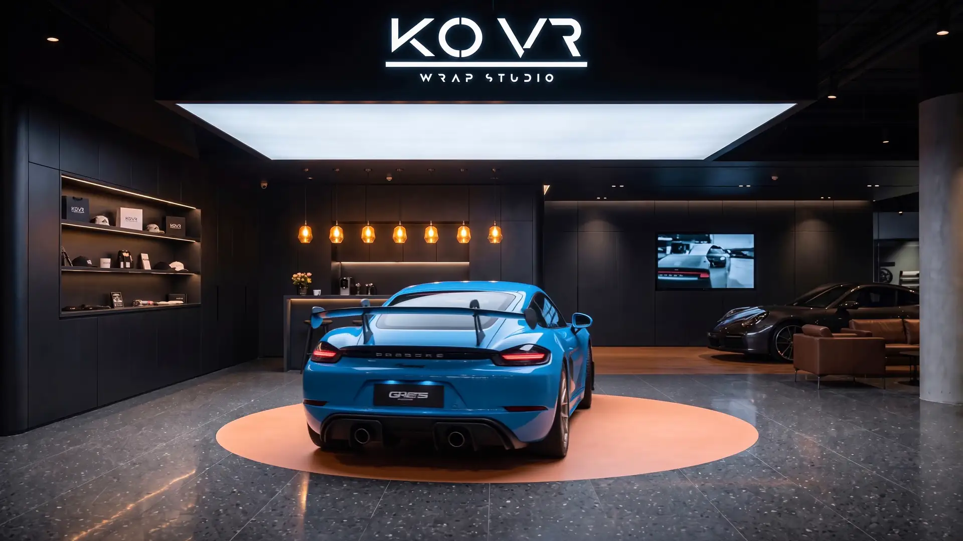 Gloss blue wrap under studio lighting