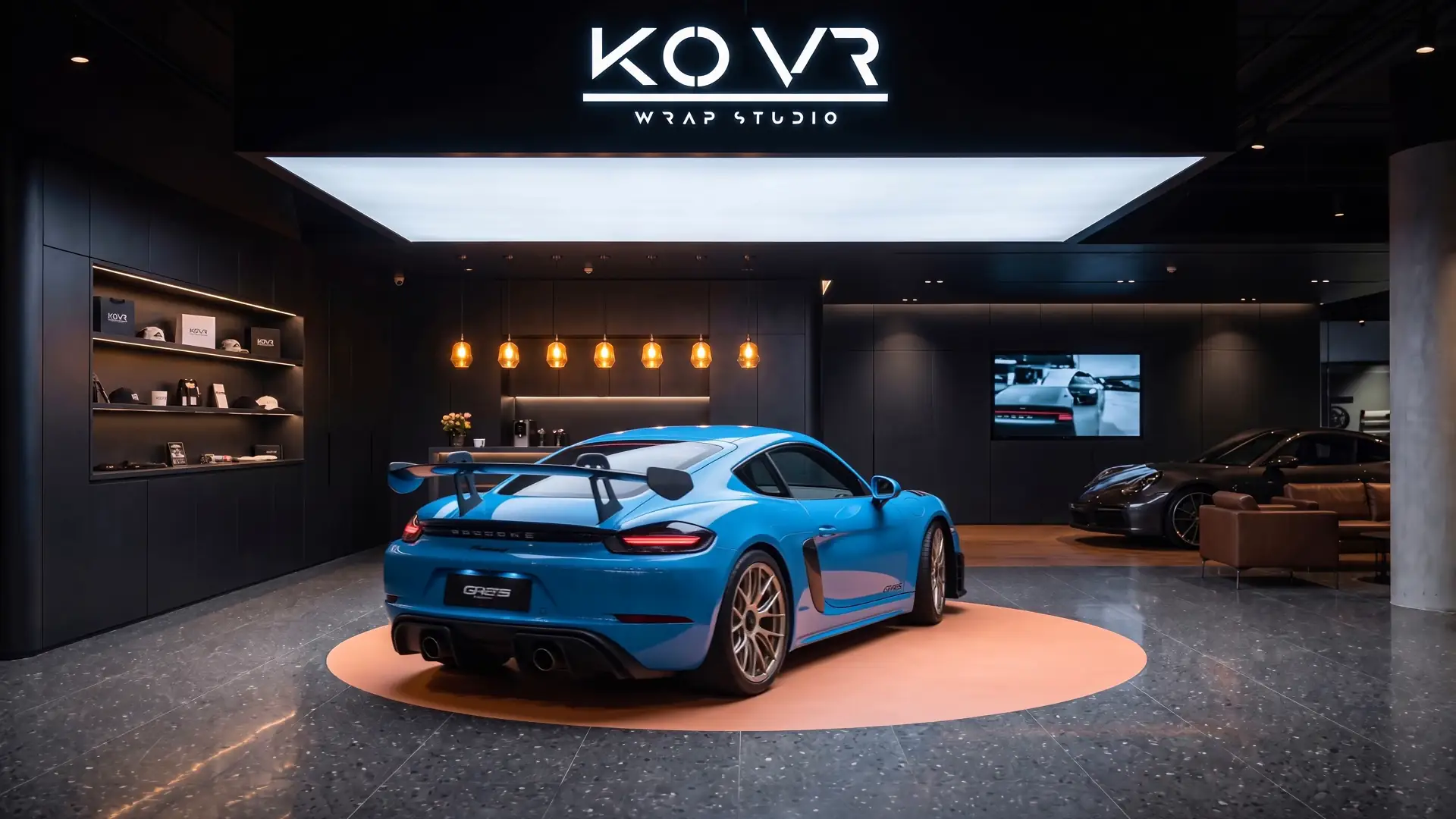 Gloss blue vehicle, rear view