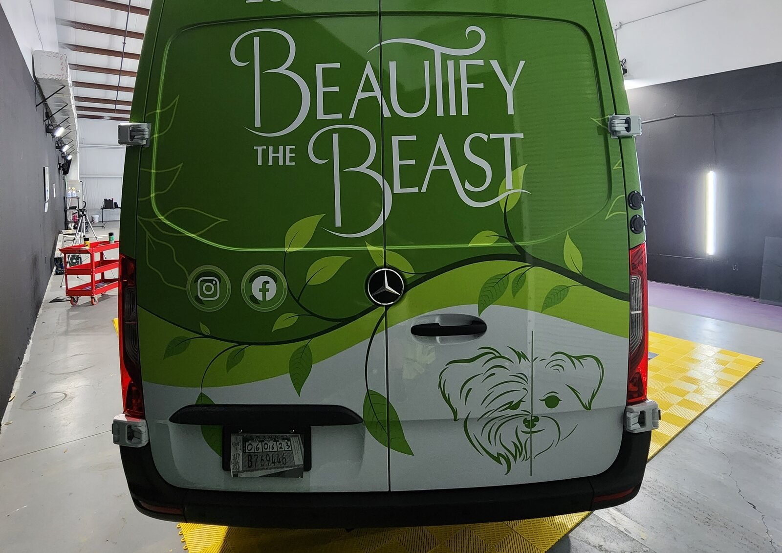 Beautify the Beast mobile pet salon van wrap, rear view