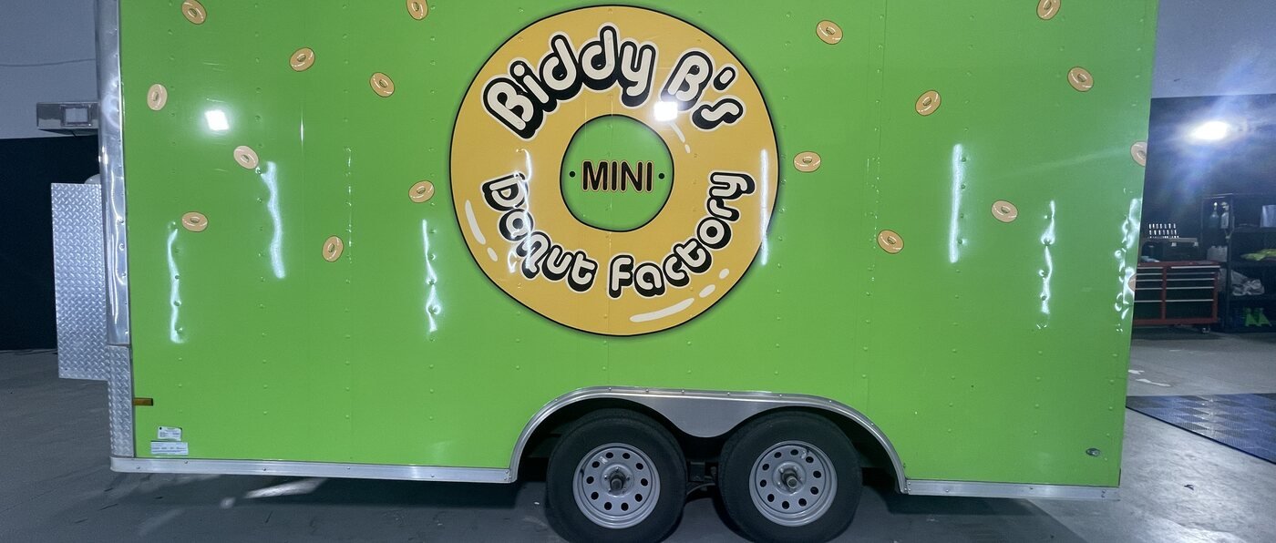 Biddy B's Mini Donut Factory trailer wrap, full color branded graphics