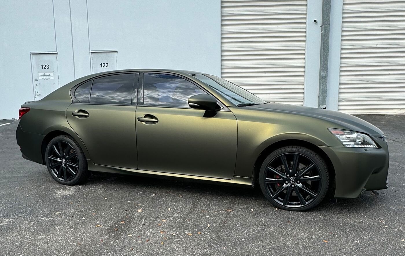 Lexus GS wrapped in matte olive green, Colorado Springs