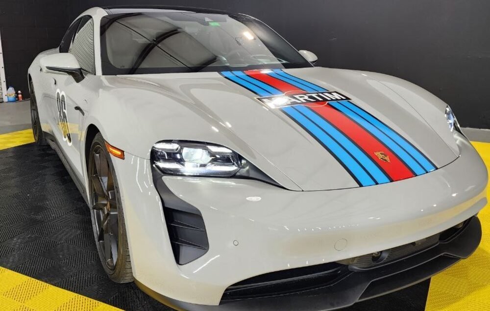 Porsche Taycan with Martini racing stripe livery wrap
