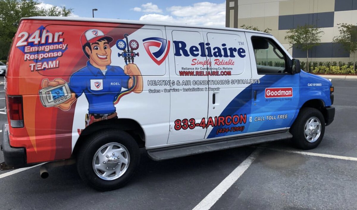 Reliaire heating and air conditioning van wrap, side profile